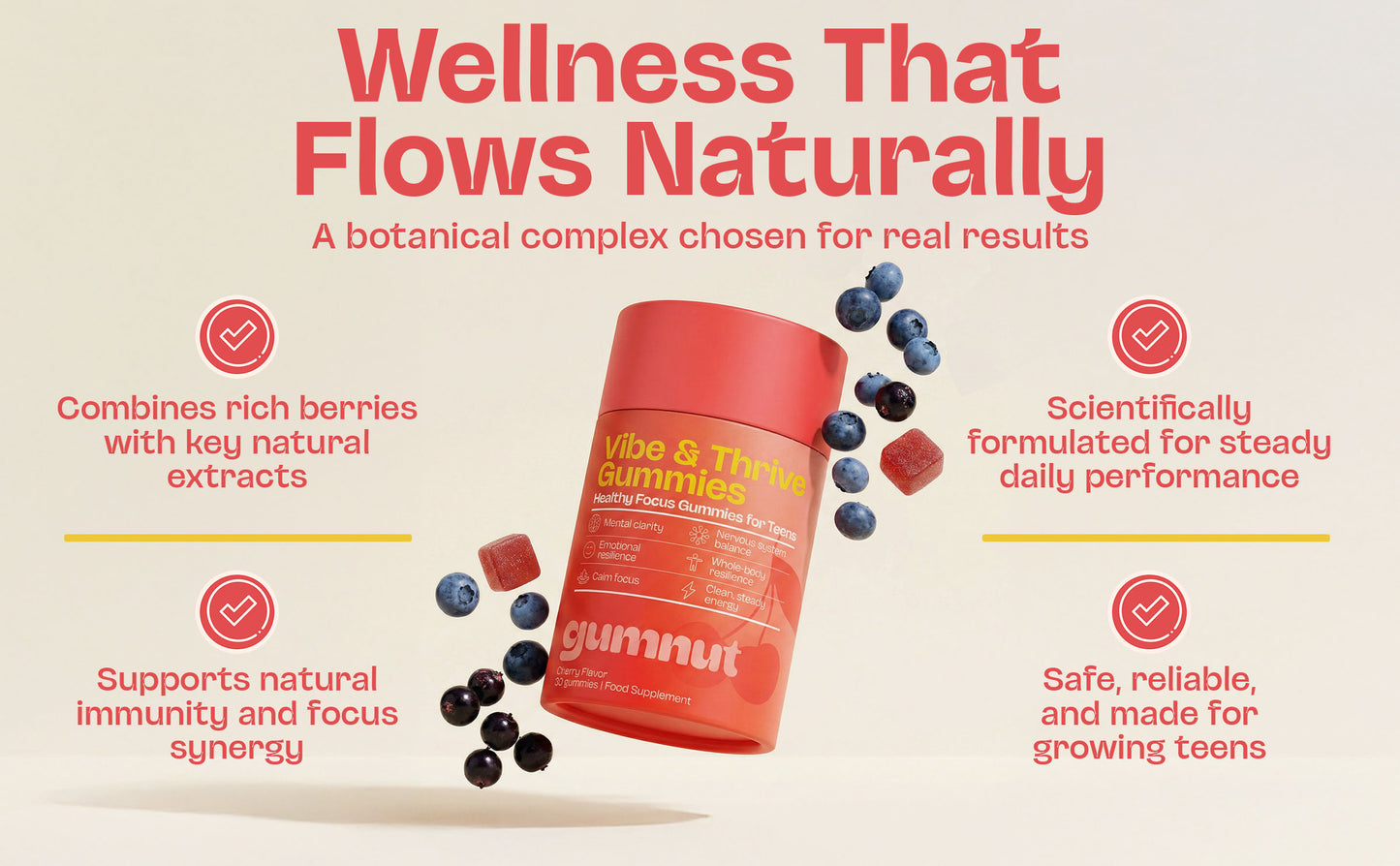 Vita & Tonic Gummies container with wellness benefits on a beige background
