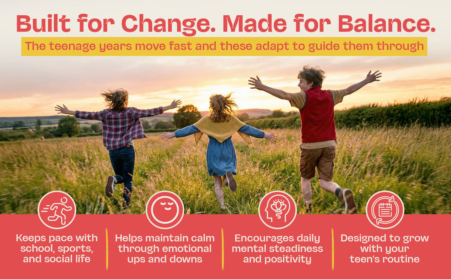 Three children running in a field with a sunset, promoting mental health products or services.